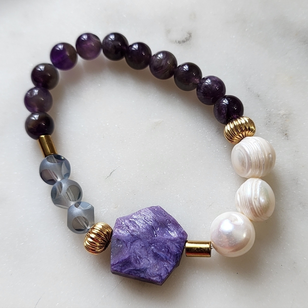 Amethyst Pearl Beaded Bracelet Handmade  7” Boho